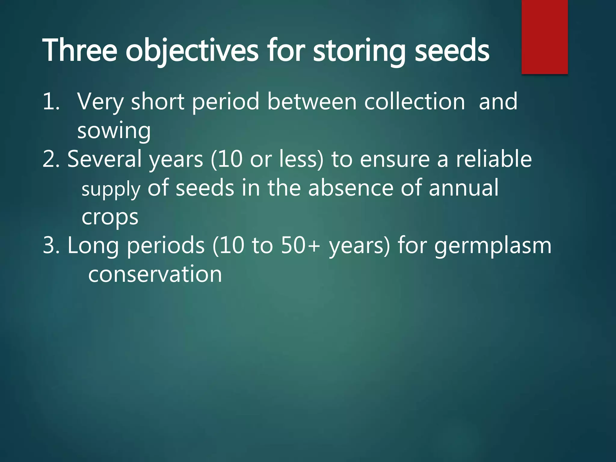 Three objectives for storing seeds
1. Very short period between collection and
sowing
2. Several years (10 or less) to ensure a reliable
supply of seeds in the absence of annual
crops
3. Long periods (10 to 50+ years) for germplasm
conservation
 