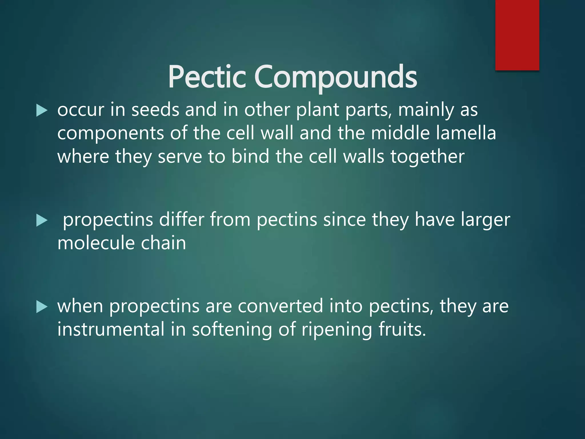 Pectic Compounds
 occur in seeds and in other plant parts, mainly as
components of the cell wall and the middle lamella
where they serve to bind the cell walls together
 propectins differ from pectins since they have larger
molecule chain
 when propectins are converted into pectins, they are
instrumental in softening of ripening fruits.
 
