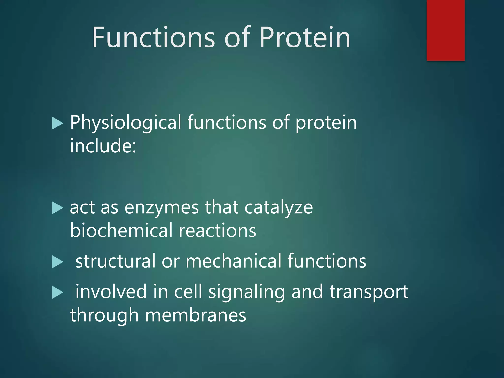 Functions of Protein
 Physiological functions of protein
include:
 act as enzymes that catalyze
biochemical reactions
 structural or mechanical functions
 involved in cell signaling and transport
through membranes
 