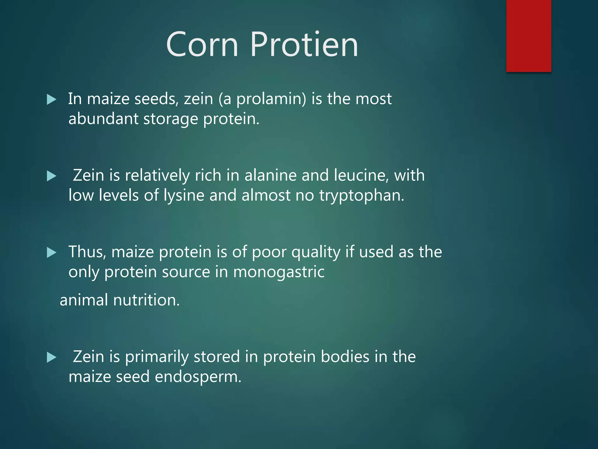 Corn Protien
 In maize seeds, zein (a prolamin) is the most
abundant storage protein.
 Zein is relatively rich in alanine and leucine, with
low levels of lysine and almost no tryptophan.
 Thus, maize protein is of poor quality if used as the
only protein source in monogastric
animal nutrition.
 Zein is primarily stored in protein bodies in the
maize seed endosperm.
 