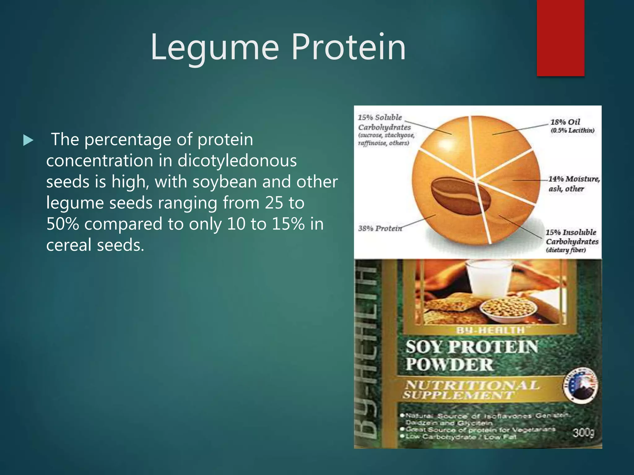 Legume Protein
 The percentage of protein
concentration in dicotyledonous
seeds is high, with soybean and other
legume seeds ranging from 25 to
50% compared to only 10 to 15% in
cereal seeds.
 