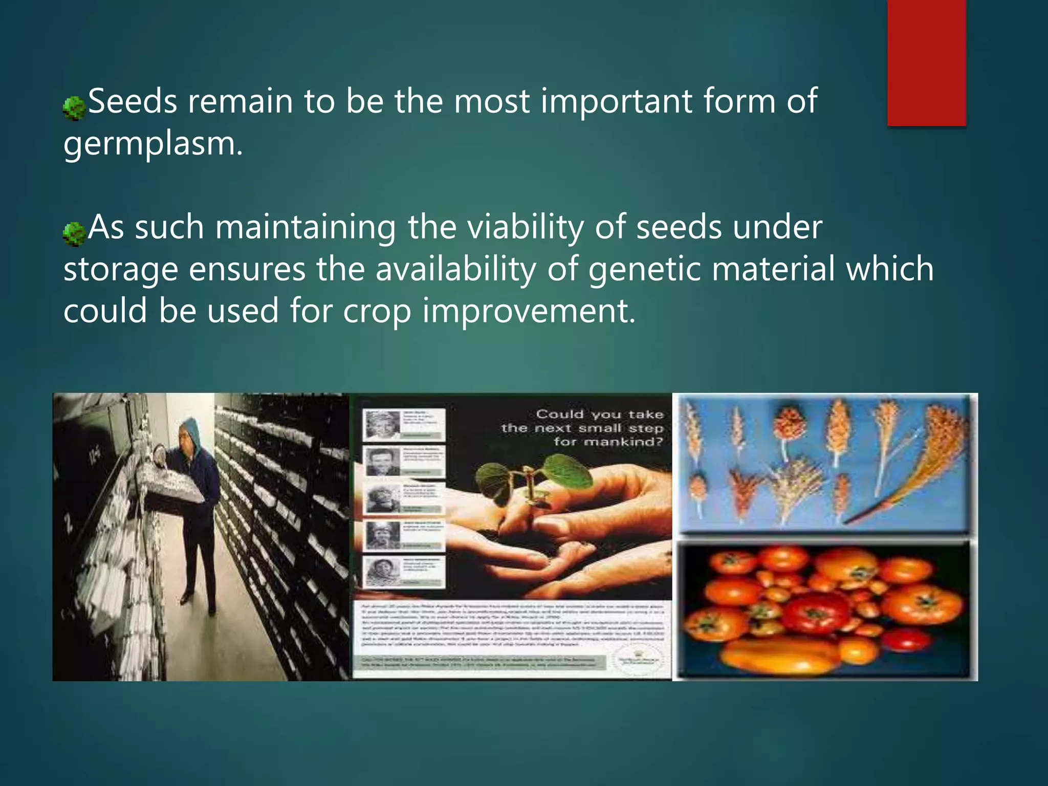 Seeds remain to be the most important form of
germplasm.
As such maintaining the viability of seeds under
storage ensures the availability of genetic material which
could be used for crop improvement.
 