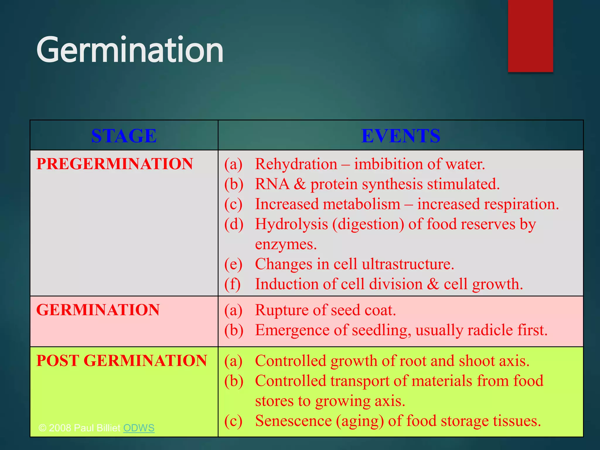 Germination
STAGE EVENTS
PREGERMINATION (a) Rehydration – imbibition of water.
(b) RNA & protein synthesis stimulated.
(c) Increased metabolism – increased respiration.
(d) Hydrolysis (digestion) of food reserves by
enzymes.
(e) Changes in cell ultrastructure.
(f) Induction of cell division & cell growth.
GERMINATION (a) Rupture of seed coat.
(b) Emergence of seedling, usually radicle first.
POST GERMINATION (a) Controlled growth of root and shoot axis.
(b) Controlled transport of materials from food
stores to growing axis.
(c) Senescence (aging) of food storage tissues.© 2008 Paul Billiet ODWS
 