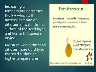 Increasing air
temperature decreases
the RH which will
increase the rate of
diffusion of water to the
surface of the seed layer,
and hence the speed of
drying.
Moisture within the seed
diffuses more quickly to
the seed surface at
higher temperatures.
 