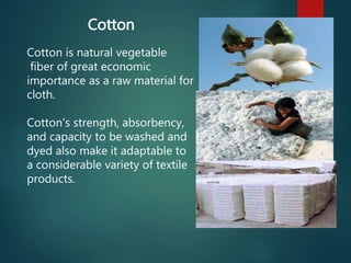 Cotton
Cotton is natural vegetable
fiber of great economic
importance as a raw material for
cloth.
Cotton's strength, absorbency,
and capacity to be washed and
dyed also make it adaptable to
a considerable variety of textile
products.
 