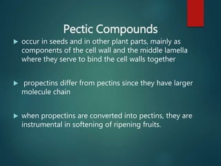 Pectic Compounds
 occur in seeds and in other plant parts, mainly as
components of the cell wall and the middle lamella
where they serve to bind the cell walls together
 propectins differ from pectins since they have larger
molecule chain
 when propectins are converted into pectins, they are
instrumental in softening of ripening fruits.
 