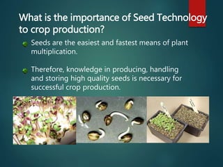 Seeds are the easiest and fastest means of plant
multiplication.
Therefore, knowledge in producing, handling
and storing high quality seeds is necessary for
successful crop production.
What is the importance of Seed Technology
to crop production?
 