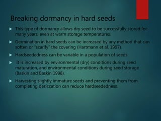 Breaking dormancy in hard seeds
 This type of dormancy allows dry seed to be successfully stored for
many years, even at warm storage temperatures.
 Germination in hard seeds can be increased by any method that can
soften or “scarify” the covering (Hartmann et al. 1997).
 Hardseededness can be variable in a population of seeds.
 It is increased by environmental (dry) conditions during seed
maturation, and environmental conditions during seed storage
(Baskin and Baskin 1998).
 Harvesting slightly immature seeds and preventing them from
completing desiccation can reduce hardseededness.
 