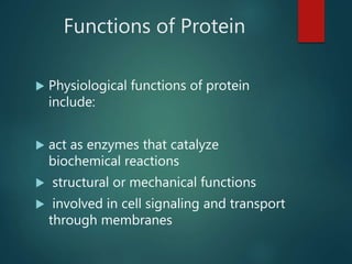 Functions of Protein
 Physiological functions of protein
include:
 act as enzymes that catalyze
biochemical reactions
 ...