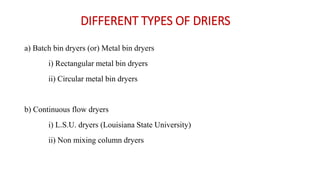 DIFFERENT TYPES OF DRIERS
a) Batch bin dryers (or) Metal bin dryers
i) Rectangular metal bin dryers
ii) Circular metal bin dryers
b) Continuous flow dryers
i) L.S.U. dryers (Louisiana State University)
ii) Non mixing column dryers
 