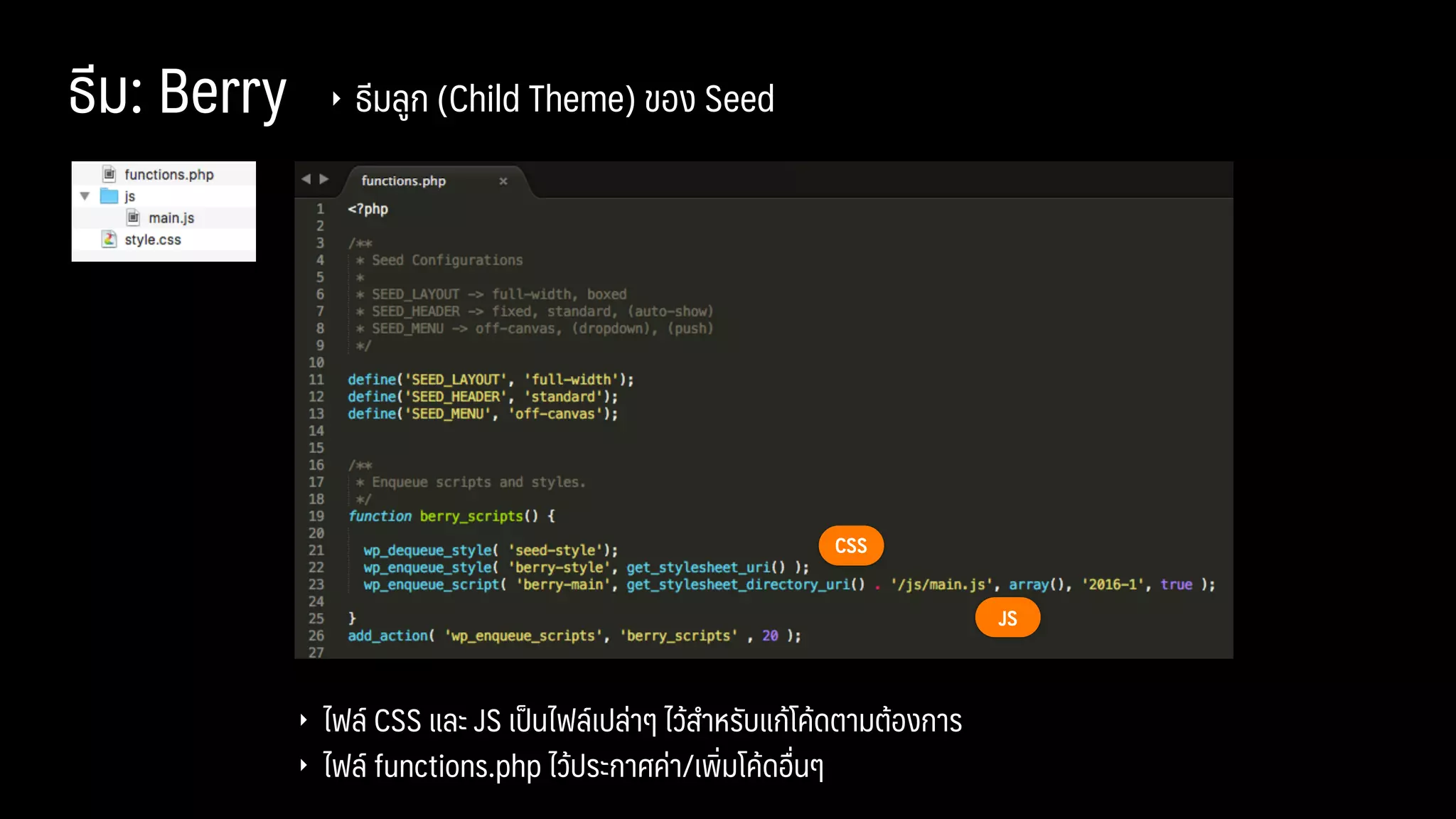 ธีม: Berry
‣ ไฟล์ CSS และ JS เป็นไฟล์เปล่าๆ ไว้สําหรับแก้โค้ดตามต้องการ
‣ ไฟล์ functions.php ไว้ประกาศค่า/เพิ่มโค้ดอื่นๆ
‣ ธีมลูก (Child Theme) ของ Seed
CSS
JS
 