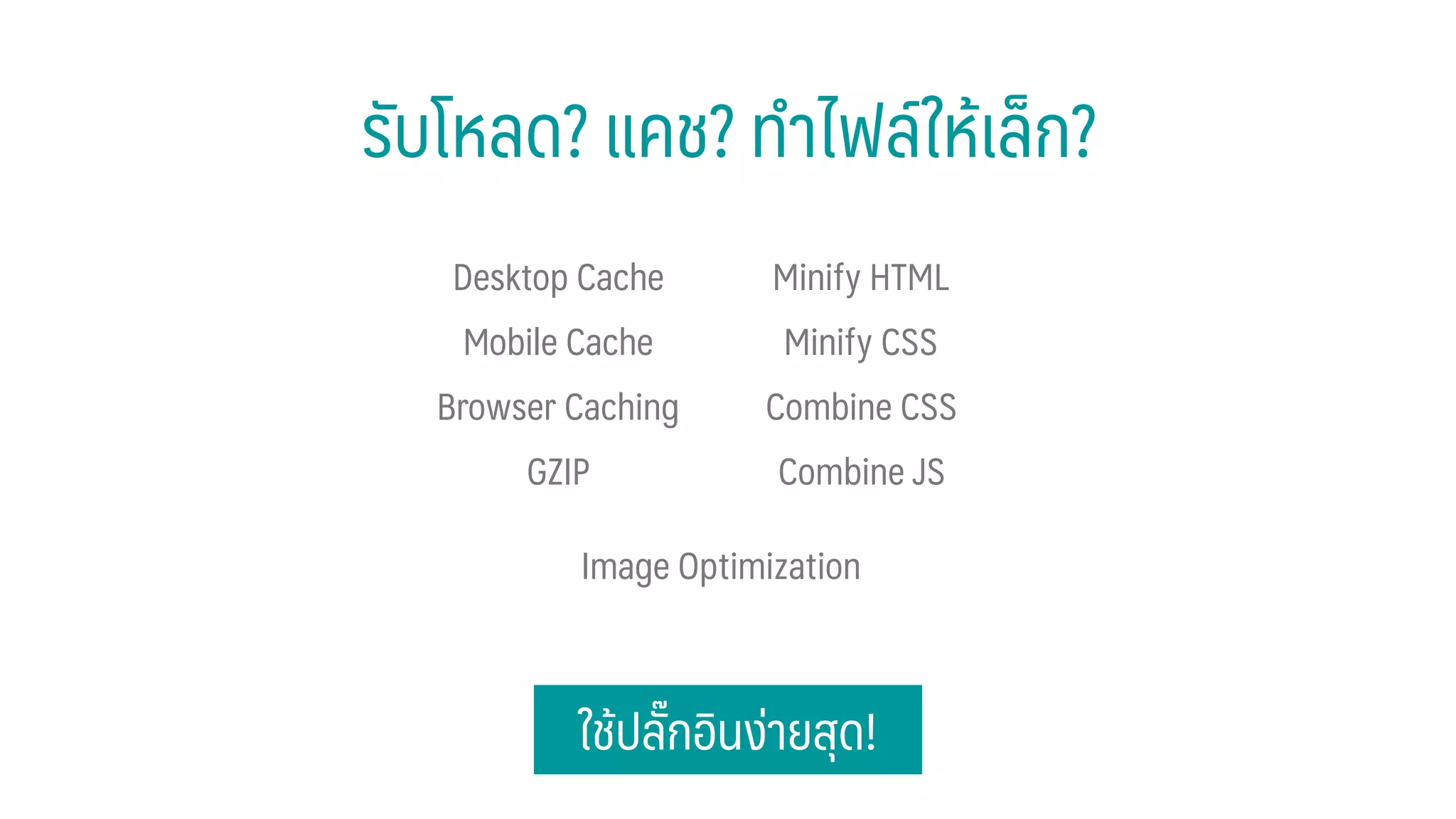 รับโหลด? แคช? ทําไฟล์ให้เล็ก?
Desktop Cache
Mobile Cache
Browser Caching
GZIP
Image Optimization
ใช้ปลั๊กอินง่ายสุด!
Minify HTML
Minify CSS
Combine CSS
Combine JS
 