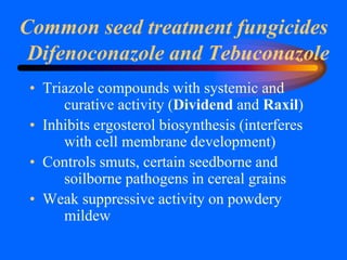 Difenoconazole and Tebuconazole
• Triazole compounds with systemic and
curative activity (Dividend and Raxil)
• Inhibits ergosterol biosynthesis (interferes
with cell membrane development)
• Controls smuts, certain seedborne and
soilborne pathogens in cereal grains
• Weak suppressive activity on powdery
mildew
Common seed treatment fungicides
 