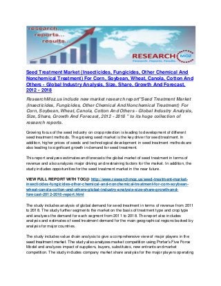 Seed Treatment Market (Insecticides, Fungicides, Other Chemical And
Nonchemical Treatment) For Corn, Soybean, Wheat, Canola, Cotton And
Others - Global Industry Analysis, Size, Share, Growth And Forecast,
2012 - 2018
ResearchMoz.us include new market research report"Seed Treatment Market
(Insecticides, Fungicides, Other Chemical And Nonchemical Treatment) For
Corn, Soybean, Wheat, Canola, Cotton And Others - Global Industry Analysis,
Size, Share, Growth And Forecast, 2012 - 2018 " to its huge collection of
research reports.
Growing focus of the seed industry on crop protection is leading to development of different
seed treatment methods. The growing seed market is the key driver for seed treatment. In
addition, higher prices of seeds and technological development in seed treatment methods are
also leading to significant growth in demand for seed treatment.
This report analyzes estimates and forecasts the global market of seed treatment in terms of
revenue and also analyzes major driving and restraining factors for the market. In addition, the
study includes opportunities for the seed treatment market in the near future.
VIEW FULL REPORT WITH TOC@ http://www.researchmoz.us/seed-treatment-market-
insecticides-fungicides-other-chemical-and-nonchemical-treatment-for-corn-soybean-
wheat-canola-cotton-and-others-global-industry-analysis-size-share-growth-and-
forecast-2012-2018-report.html
The study includes analysis of global demand for seed treatment in terms of revenue from 2011
to 2018. The study further segments the market on the basis of treatment type and crop type
and analyzes the demand for each segment from 2011 to 2018. The report also includes
analysis and estimates of seed treatment demand for the main geographical regions backed by
analysis for major countries.
The study includes value chain analysis to give a comprehensive view of major players in the
seed treatment market. The study also analyzes market competition using Porter’s Five Force
Model and analyzes impact of suppliers, buyers, substitutes, new entrants and market
competition. The study includes company market share analysis for the major players operating
 