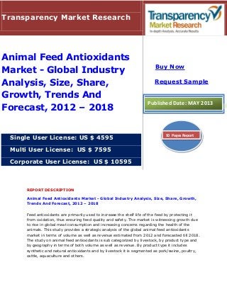 REPORT DESCRIPTION
Animal Feed Antioxidants Market - Global Industry Analysis, Size, Share, Growth,
Trends And Forecast, 2012 – 2018
Feed antioxidants are primarily used to increase the shelf life of the feed by protecting it
from oxidation, thus ensuring feed quality and safety. The market is witnessing growth due
to rise in global meat consumption and increasing concerns regarding the health of the
animals. This study provides a strategic analysis of the global animal feed antioxidants
market in terms of volume as well as revenue estimated from 2012 and forecasted till 2018.
The study on animal feed antioxidants is sub categorized by livestock, by product type and
by geography in terms of both volume as well as revenue. By product type it includes
synthetic and natural antioxidants and by livestock it is segmented as pork/swine, poultry,
cattle, aquaculture and others.
Transparency Market Research
Animal Feed Antioxidants
Market - Global Industry
Analysis, Size, Share,
Growth, Trends And
Forecast, 2012 – 2018
Single User License: US $ 4595
Multi User License: US $ 7595
Corporate User License: US $ 10595
Buy Now
Request Sample
Published Date: MAY 2013
90 Pages Report
 
