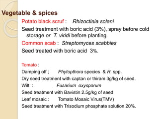 Vegetable & spices
Potato black scruf : Rhizoctinia solani
Seed treatment with boric acid (3%), spray before cold
storage or T. viridi before planting.
Common scab : Streptomyces scabbies
Seed treated with boric acid 3%.
Tomato :
Damping off ; Phytopthora species & R. spp.
Dry seed treatment with captan or thiram 3g/kg of seed.
Wilt : Fusarium oxysporum
Seed treatment with Bavistin 2.5g/kg of seed
Leaf mosaic : Tomato Mosaic Virus(TMV)
Seed treatment with Trisodium phosphate solution 20%.
 