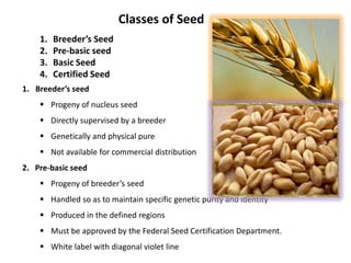 Classes of Seed
1.
2.
3.
4.

Breeder’s Seed
Pre-basic seed
Basic Seed
Certified Seed

1. Breeder’s seed
 Progeny of nucleus seed

 Directly supervised by a breeder
 Genetically and physical pure
 Not available for commercial distribution
2. Pre-basic seed
 Progeny of breeder’s seed
 Handled so as to maintain specific genetic purity and identity
 Produced in the defined regions
 Must be approved by the Federal Seed Certification Department.
 White label with diagonal violet line

 