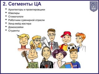 • Архитекторы и проектировщики
• Ювелиры
• Стоматологи
• Работники сувенирной отрасли
• Хенд-мейд мастера
• Домохозяйки
• Студенты
2. Сегменты ЦА
 