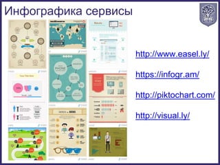http://www.easel.ly/
https://infogr.am/
http://piktochart.com/
http://visual.ly/
Инфографика сервисы
 