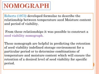 Roberts (1973) developed formulae to describe the
relationship between temperature seed Moisture content
and period of viability.
From these relationships it was possible to construct a
seed viability nomograph.
These nomograph are helpful in predicting the retention
of seed viability indefined storage environment for a
particular period or to determine combinations of
temperature and moisture content which will ensure the
retention of a desired level of seed viability for specific
period.
 