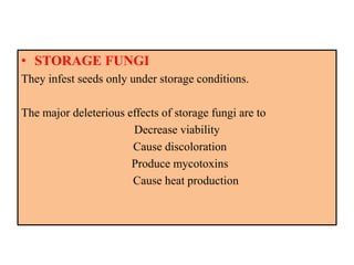 • STORAGE FUNGI
They infest seeds only under storage conditions.
The major deleterious effects of storage fungi are to
Decrease viability
Cause discoloration
Produce mycotoxins
Cause heat production
 