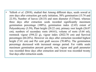 • Yallesh et al. (2018), studied that Among different days, seeds sowed at
zero days after extraction got early initiation, 50% germination (15.74 and
22.55), Number of leaves (20.33) and stem diameter (5.37mm). whereas
three days after extraction seeds recorded significantly maximum
germination percentage (100%), germination index (2.45) extent of
Polyembryony (3.59), Plant height (20.22 cm), primary root length (26.07
cm), numbers of secondary roots (44.61), volume of roots (5.64 ml),
rootstock vigour (594.22 g), vigour index (2022.70 cm) and Survival
percentages (64.26%). However six days after extraction recorded highest
height (7.41 cm) and Per cent graft success (70.40%). The germination
percentage decreased with increased storage period. For viable seeds
maximum germination percent growth, root, vigour and graft parameter
was recorded three days after extraction and lowest was recorded twenty
four days after extraction seeds.
 