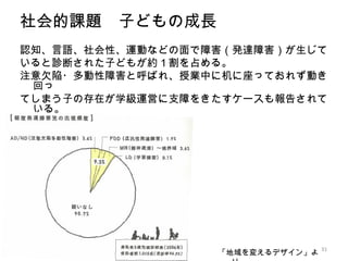 社会的課題　子どもの成長
認知、言語、社会性、運動などの面で障害（発達障害）が生じて
いると診断された子どもが約１割を占める。
注意欠陥・多動性障害と呼ばれ、授業中に机に座っておれず動き
 回っ
てしまう子の存在が学級運営に支障をきたすケースも報告されて
 いる。




                                  31
                  「地域を変えるデザイン」よ
 