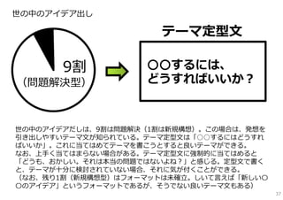 世の中のアイデア出し

                      テーマ定型⽂

       9割          ○○するには、
（問題解決型）            どうすればいいか？



世の中のアイデアだしは、9割は問題解決（1割は新規構想）。この場合は、発想を
引き出しやすいテーマ⽂が知られている。テーマ定型⽂は「○○するにはどうすれ
ばいいか」。これに当てはめてテーマを書こうとすると良いテーマができる。
なお、上⼿く当てはまらない場合がある。テーマ定型⽂に強制的に当てはめると
「どうも、おかしい。それは本当の問題ではないよね？」と感じる。定型⽂で書く
と、テーマが⼗分に検討されていない場合、それに気が付くことができる。
（なお、残り1割（新規構想型）はフォーマットは未確⽴。しいて⾔えば「新しい〇
〇のアイデア」というフォーマットであるが、そうでない良いテーマ⽂もある）
                                         37
 