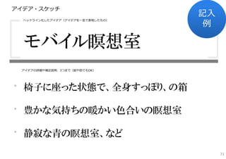 アイデア・スケッチ
                                  記⼊
                                  例
  ヘッドライン化したアイデア（アイデアを⼀⾔で表現したもの）




  モバイル瞑想室
 アイデアの詳細や補⾜説明、3つまで（絵や図でもOK）




・ 椅子に座った状態で、全身すっぽり、の箱

・ 豊かな気持ちの暖かい色合いの瞑想室

・ 静寂な青の瞑想室、など
                                       71
 