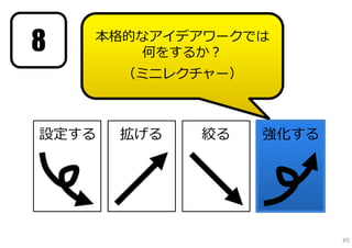 8   本格的なアイデアワークでは
        何をするか？
       （ミニレクチャー）



設定する   拡げる   絞る    強化する




                          85
 
