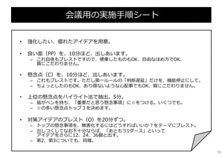 会議⽤の実施⼿順シート


•   強化したい、優れたアイデアを⽤意。

•   良い⾯（PP）を、10分ほど、出しあいます。
    – これ⾃体もブレストですので、便乗したものもOK、⾃由なほめ⽅でOK、
      質にこだわりません。

•   懸念点（C）を、10分ほど、出しあいます。
    – これもブレストです。ただし第⼀ルールの「判断遅延」だけを、機能停⽌にして。
    – ちょっとしたのもOK、あり得ないような⼼配事でもOK、質にこだわりません。

•   上位の懸念点をハイライト法で抽出。5分。
    – 皆がペンを持ち、「重要だと思う懸念事項」に☆をつける。いくつでも。
    – ☆の多い懸念点トップ３を決めます。

•   対策アイデアのブレスト（O）を20分ずつ。
    – トップの懸念事項を、無害化するにはどうすればいいか？をテーマにブレスト。
    – 出しつくしてなお不⼗分ならば、「あともう1ダース」といって
      アイデアをさらに12、24、36個と出す。
    – 第2、第3についても、同様。

                                              95
 