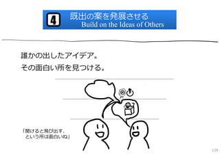 既出の案を発展させる
      4       Build on the Ideas of Others



誰かの出したアイデア。
その⾯⽩い所を⾒つける。




「開けると⾶び出す、
 という所は⾯⽩いね」

                                             129
 