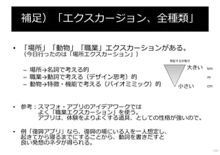 補⾜）「エクスカージョン、全種類」

• 「場所」「動物」「職業」エクスカーションがある。
 （今⽇⾏ったのは「場所エクスカーション」）
                            想起する対象が


 – 場所→名詞で考える的                    ⼤きい   km

 – 職業→動詞で考える（デザイン思考）的                  m

 – 動物→特徴・機能で考える（バイオミミック）的      ⼩さい     cm




• 参考：スマフォ・アプリのアイデアワークでは
     よく「職業エクスカーション」を使う。
     アプリは、体験をよりよくする道具、としての性格が強いので。

• 例「復興アプリ」なら、復興の場にいる⼈を⼀⼈想定し、
  起きてから寝るまでにすることから、動詞を書きだすと
  良い発想のネタが得られる。
                                            164
 