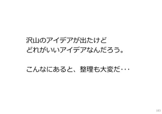 沢⼭のアイデアが出たけど
どれがいいアイデアなんだろう。

こんなにあると、整理も⼤変だ･･･




                    183
 