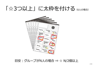 「☆3つ以上」に太枠を付ける（6⼈の場合）




  ⽬安：グループがN⼈の場合 ⇒ ☆ N/2個以上
                             190
 