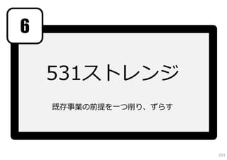 6

    531ストレンジ
    既存事業の前提を⼀つ削り、ずらす




                       203
 