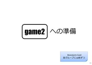 game2 への準備

         Branstorm Card
       各グループに16枚ずつ

                          32
 