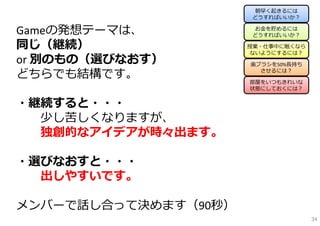 朝早く起きるには
                      どうすればいいか？

                      お⾦を貯めるには
Gameの発想テーマは、          どうすればいいか？

同じ（継続）                授業・仕事中に眠くなら
                      ないようにするには？
or 別のもの（選びなおす）        ⻭ブラシを50%⻑持ち

どちらでも結構です。              させるには？

                      部屋をいつもきれいな
                      状態にしておくには？


・継続すると・・・
  少し苦しくなりますが、
  独創的なアイデアが時々出ます。

・選びなおすと・・・
  出しやすいです。

メンバーで話し合って決めます（90秒）
                                    34
 