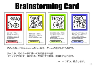 Brainstorming Card



この4⾊カードはBrainstormのルールを、ゲームの役にしたものです。

ゲーム中、そのカードに書いてある指⽰の内容
（アイデアを出す、等の⾏為）が実⾏できれば、獲得札になります。

                           →   ⼀つずつ、紹介します。
                                             36
 