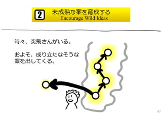 未成熟な案を育成する
    2    Encourage Wild Ideas



時々、突⾶さんがいる。

およそ、成り⽴たなそうな
案を出してくる。




                                87
 