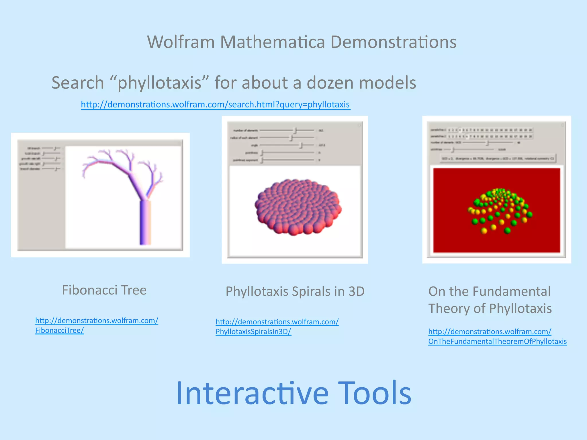 Wolfram 
Mathemajca 
Demonstrajons 
Search 
“phyllotaxis” 
for 
about 
a 
dozen 
models 
h,p://demonstrajons.wolfram.com/search.html?query=phyllotaxis 
Phyllotaxis 
Spirals 
in 
3D 
h,p://demonstrajons.wolfram.com/ 
PhyllotaxisSpiralsIn3D/ 
Interacjve 
Tools 
On 
the 
Fundamental 
Theory 
of 
Phyllotaxis 
h,p://demonstrajons.wolfram.com/ 
OnTheFundamentalTheoremOfPhyllotaxis 
Fibonacci 
Tree 
h,p://demonstrajons.wolfram.com/ 
FibonacciTree/ 
 