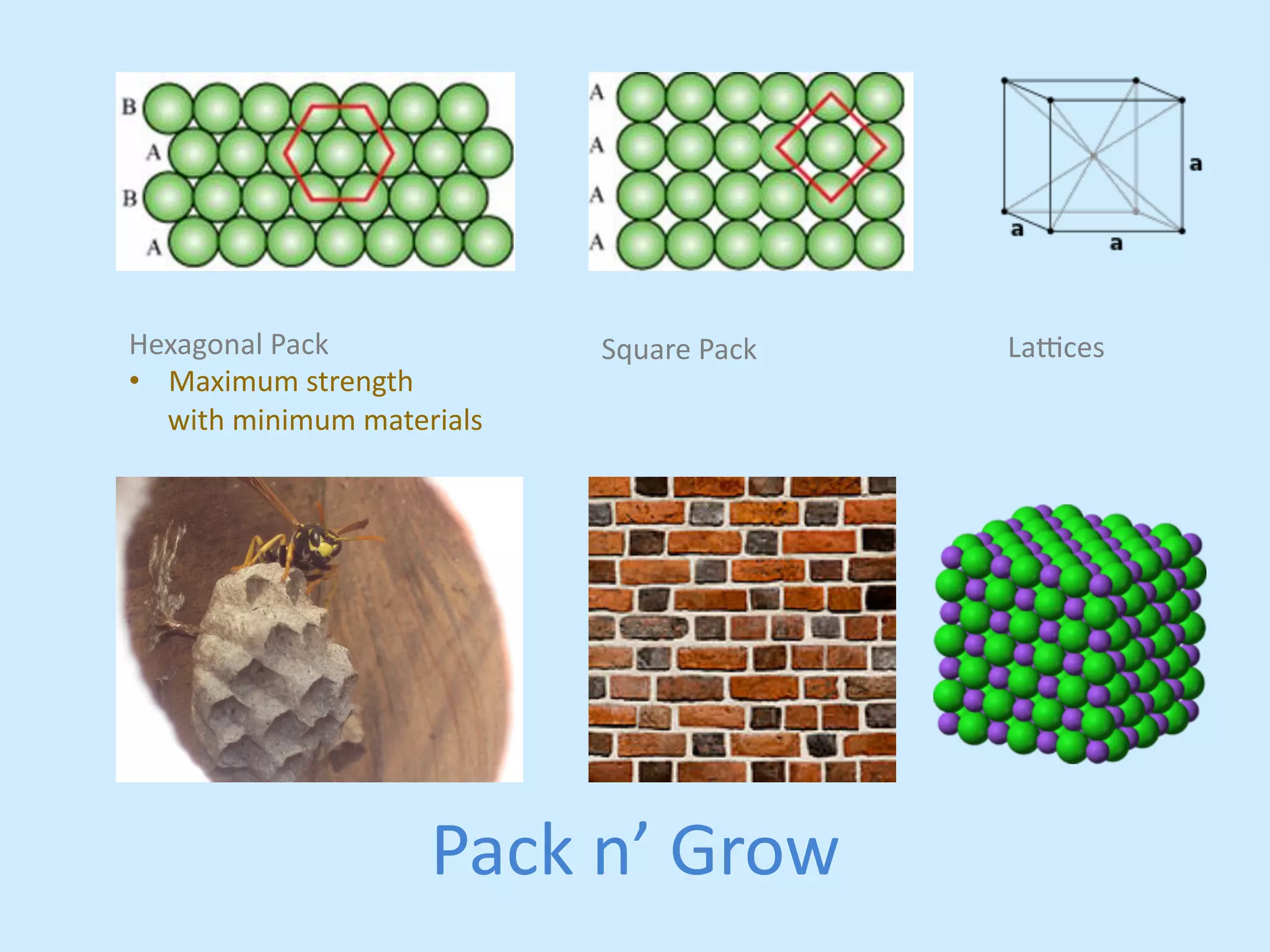 Pack 
n’ 
Grow 
Hexagonal 
Pack 
• Maximum 
strength 
with 
minimum 
materials 
Square 
Pack 
LaUces 
 