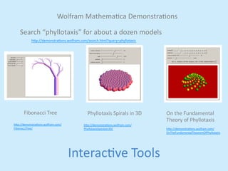 Wolfram 
Mathemajca 
Demonstrajons 
Search 
“phyllotaxis” 
for 
about 
a 
dozen 
models 
h,p://demonstrajons.wolfram.com/search.html?query=phyllotaxis 
Phyllotaxis 
Spirals 
in 
3D 
h,p://demonstrajons.wolfram.com/ 
PhyllotaxisSpiralsIn3D/ 
Interacjve 
Tools 
On 
the 
Fundamental 
Theory 
of 
Phyllotaxis 
h,p://demonstrajons.wolfram.com/ 
OnTheFundamentalTheoremOfPhyllotaxis 
Fibonacci 
Tree 
h,p://demonstrajons.wolfram.com/ 
FibonacciTree/ 
 