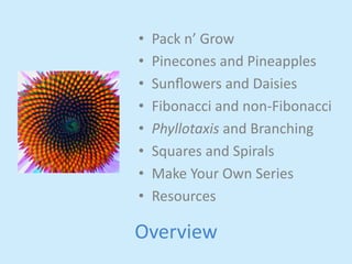 • Pack 
n’ 
Grow 
• Pinecones 
Overview 
and 
Pineapples 
• Sunflowers 
and 
Daisies 
• Fibonacci 
and 
non-­‐Fibonacci 
•...
