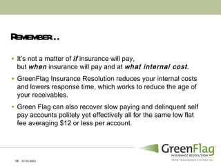 Remember… It’s not a matter of  if  insurance will pay,  but  when  insurance will pay and at  what internal cost . GreenFlag Insurance Resolution reduces your internal costs and lowers response time, which works to reduce the age of your receivables.  Green Flag can also recover slow paying and delinquent self pay accounts politely yet effectively all for the same low flat fee averaging $12 or less per account.  