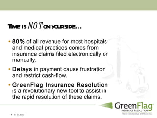 Time is  not  on your side… 80%  of all revenue for most hospitals and medical practices comes from insurance claims filed electronically or manually. Delays  in payment cause frustration and restrict cash-flow. GreenFlag Insurance Resolution  is a revolutionary new tool to assist in the rapid resolution of these claims. 