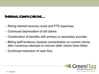 Internal complications… Rising internal recovery costs and FTE expenses Continued depreciation of old claims Coordination of benefits with primary or secondary provider Billing staff tendency towards concentration on current claims after numerous attempts to recover older claims have failed Continued restriction of cash flow 