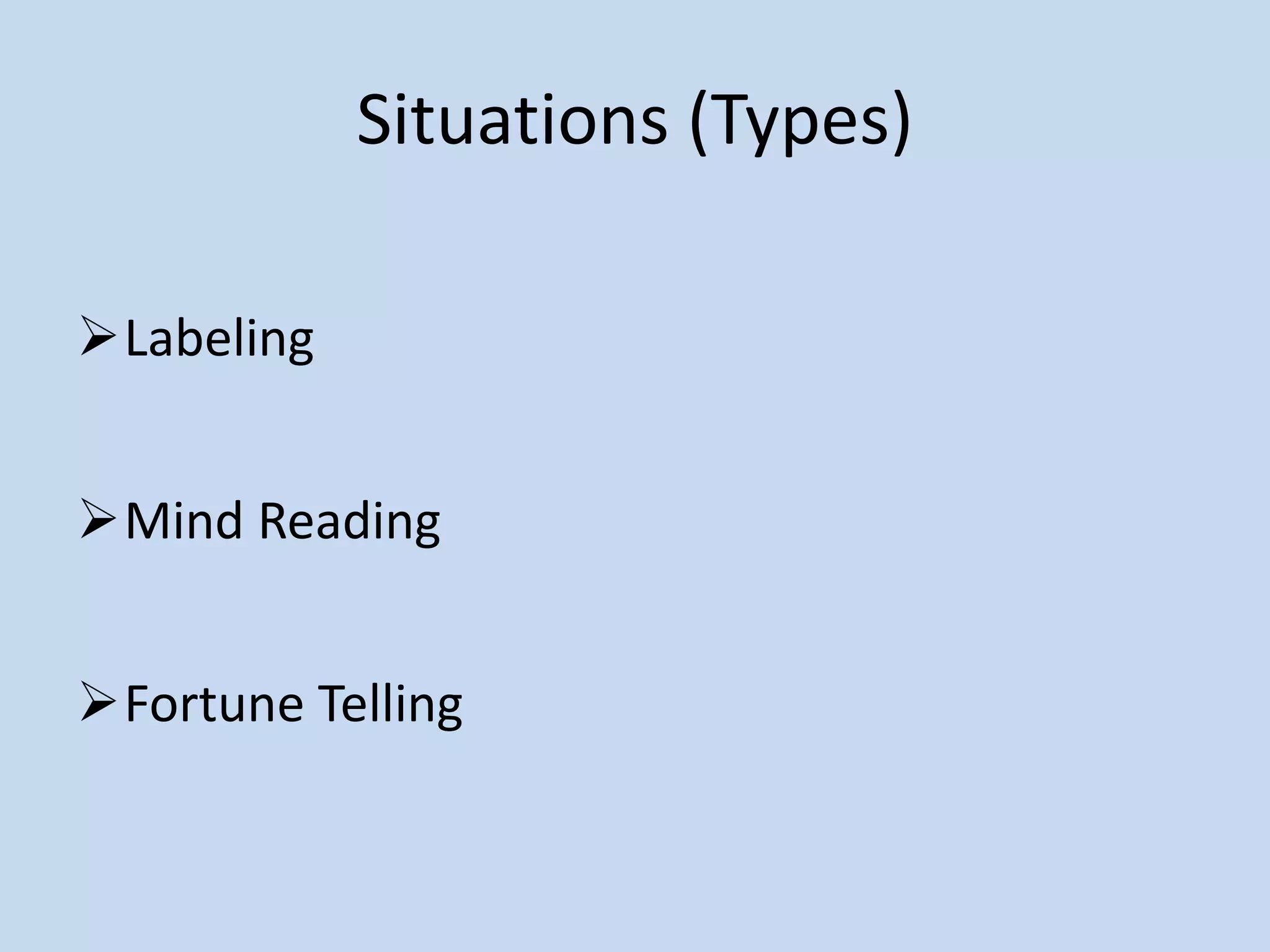 Situations (Types)
Labeling
Mind Reading
Fortune Telling