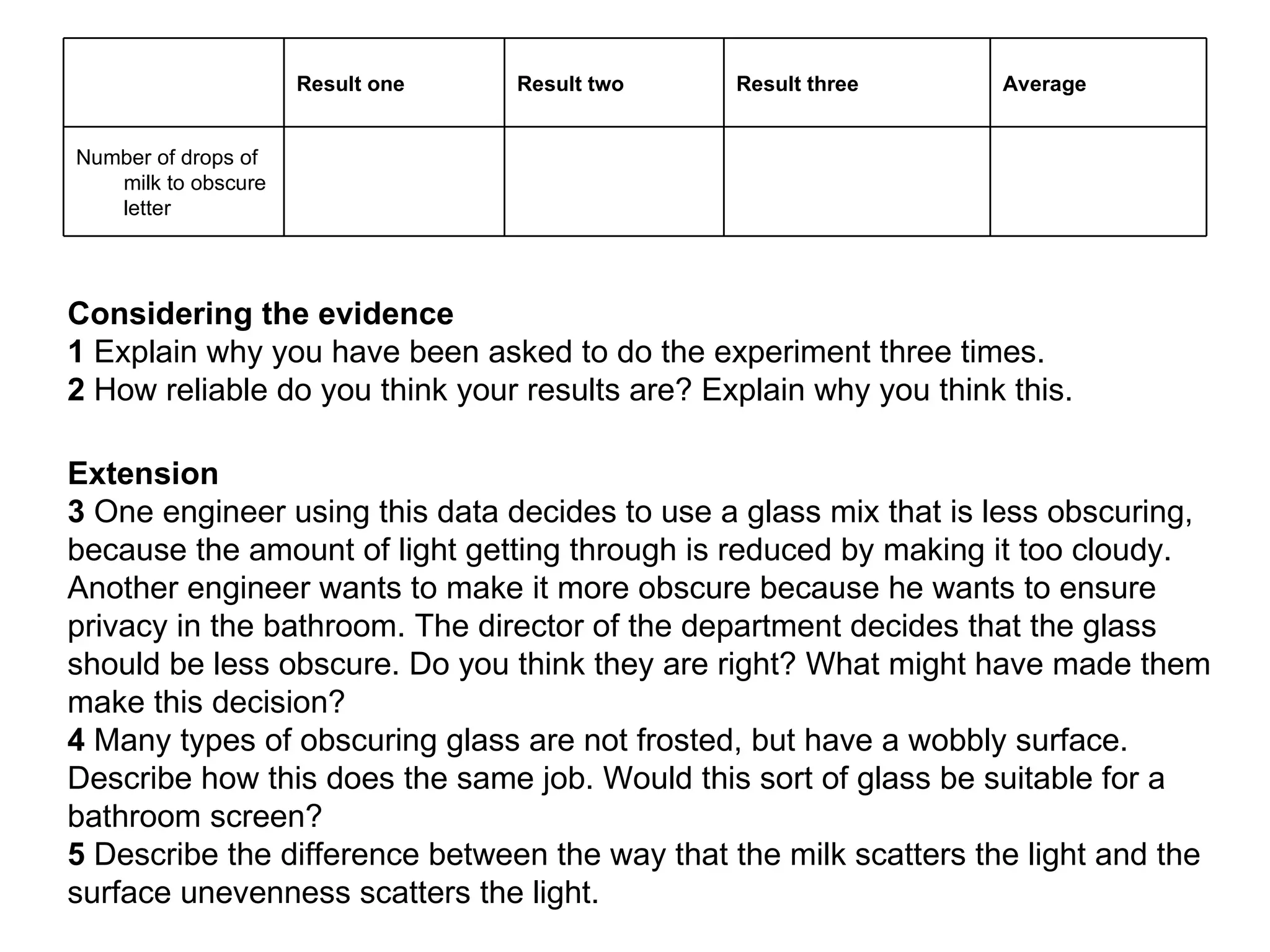 Considering the evidence 1  Explain why you have been asked to do the experiment three times. 2  How reliable do you think your results are? Explain why you think this. Extension 3  One engineer using this data decides to use a glass mix that is less obscuring, because the amount of light getting through is reduced by making it too cloudy. Another engineer wants to make it more obscure because he wants to ensure privacy in the bathroom. The director of the department decides that the glass should be less obscure. Do you think they are right? What might have made them make this decision?  4  Many types of obscuring glass are not frosted, but have a wobbly surface. Describe how this does the same job. Would this sort of glass be suitable for a bathroom screen? 5  Describe the difference between the way that the milk scatters the light and the surface unevenness scatters the light. Number of drops of milk to obscure letter Average Result three Result two Result one 