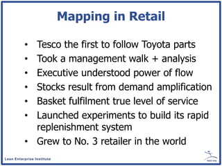 Mapping in Retail

• Tesco the first to follow Toyota parts
• Took a management walk + analysis
• Executive understood power of flow
• Stocks result from demand amplification
• Basket fulfilment true level of service
• Launched experiments to build its rapid
  replenishment system
• Grew to No. 3 retailer in the world
 